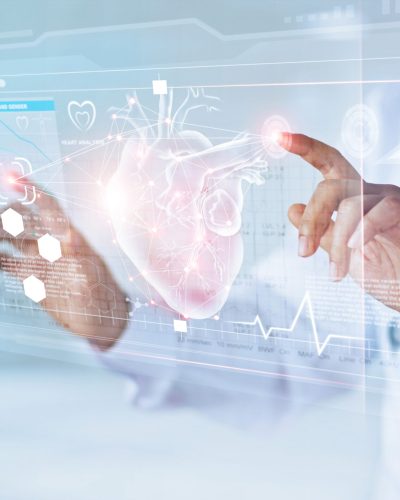 Medicine doctor and stethoscope touching icon heart and diagnostics analysis medical on modern virtual screen interface network connection. Medical technology diagnostics of heart  concept